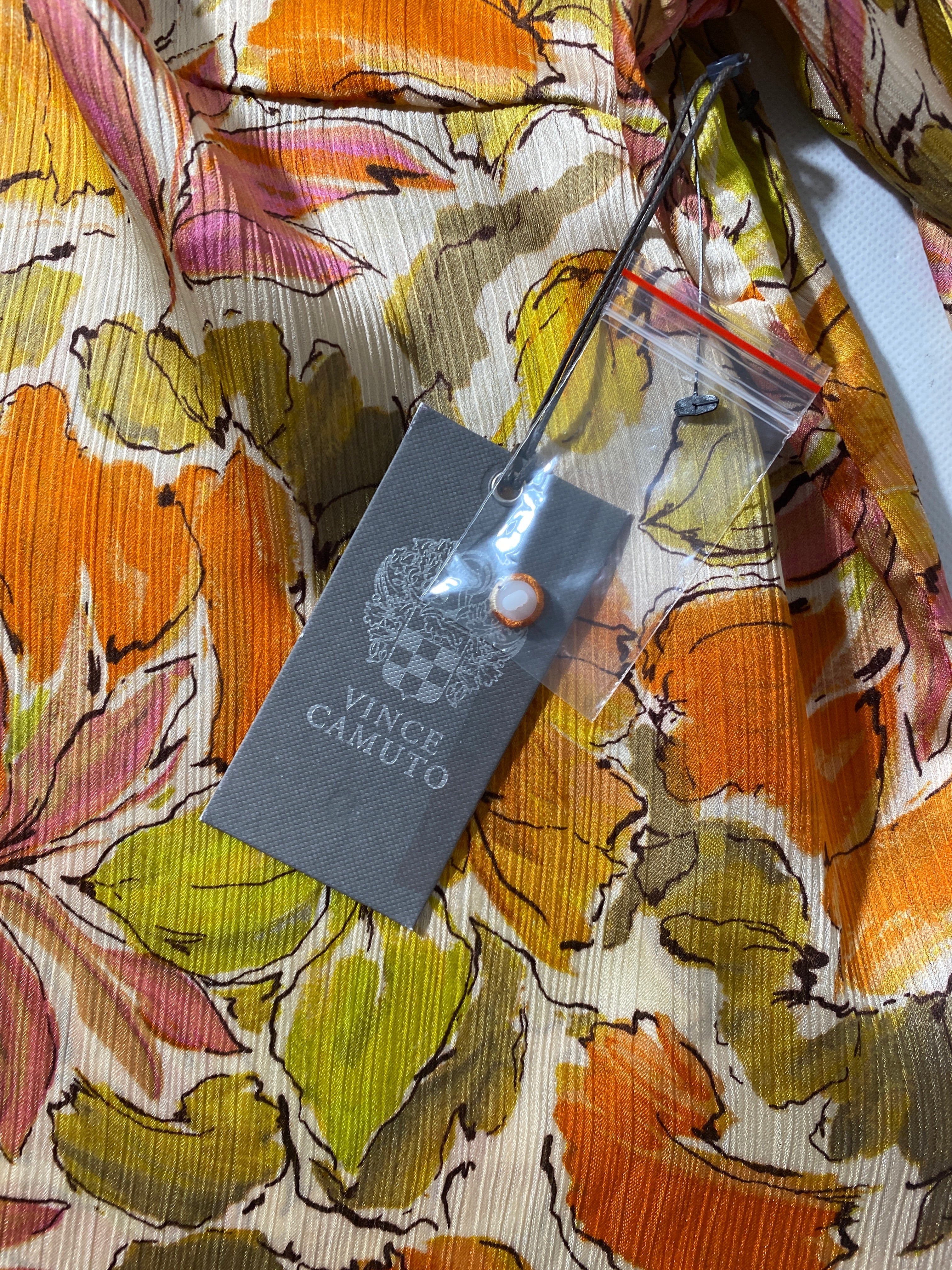 NEW Plus Size 1X Vince Camuto Split Tie Neck 3/4 Sleeve Orange Multi Blouse $89