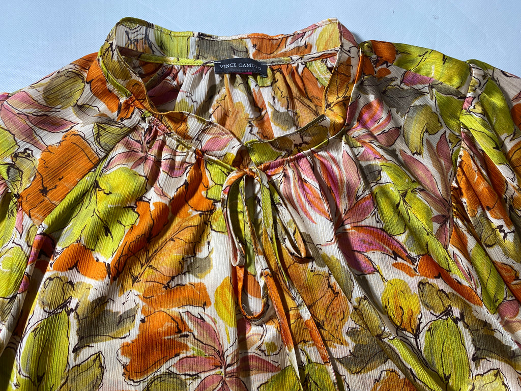 NEW Plus Size 1X Vince Camuto Split Tie Neck 3/4 Sleeve Orange Multi Blouse $89
