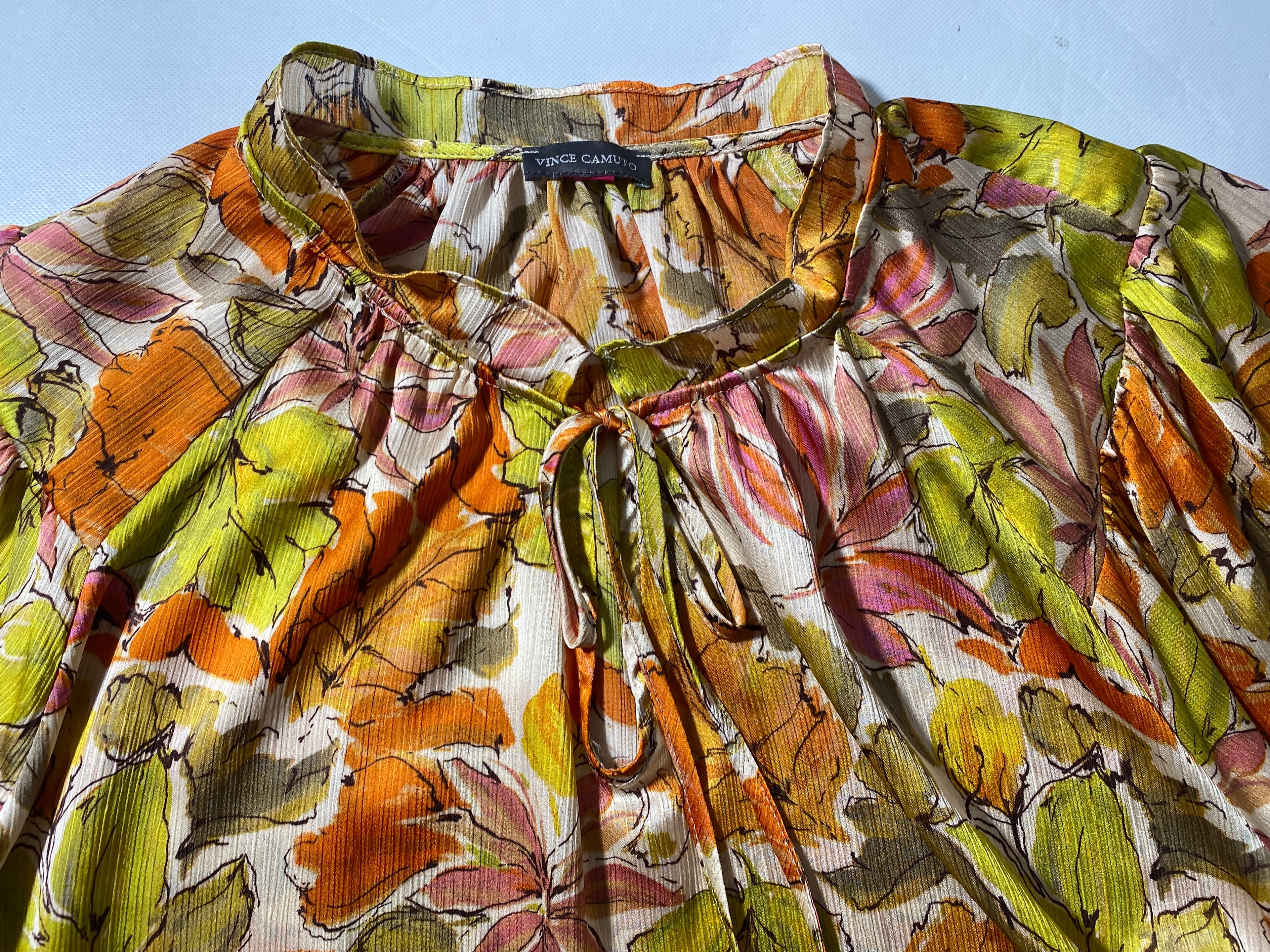 NEW Plus Size 1X Vince Camuto Split Tie Neck 3/4 Sleeve Orange Multi Blouse $89