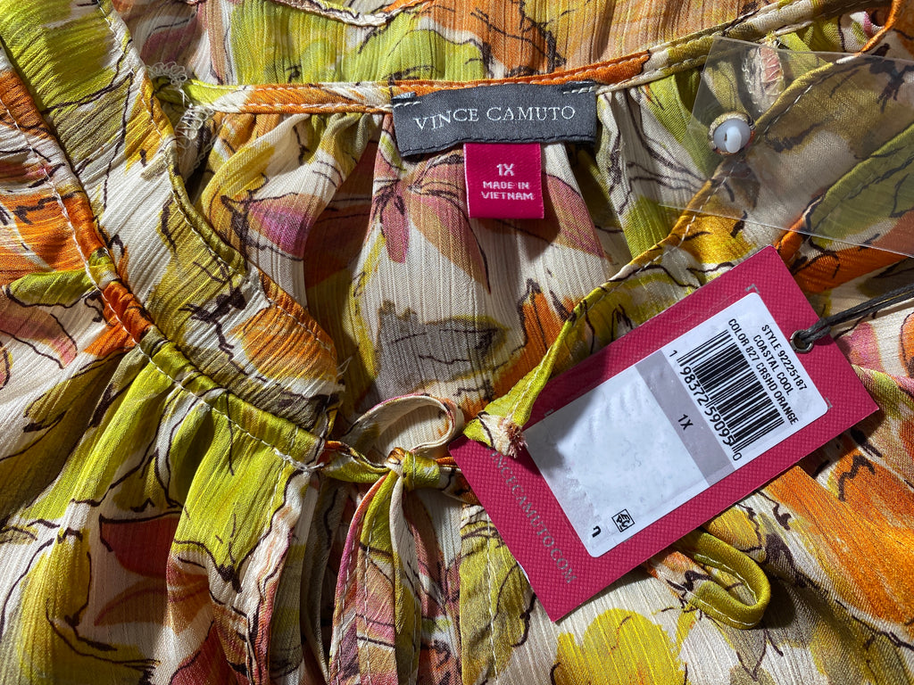 NEW Plus Size 1X Vince Camuto Split Tie Neck 3/4 Sleeve Orange Multi Blouse $89
