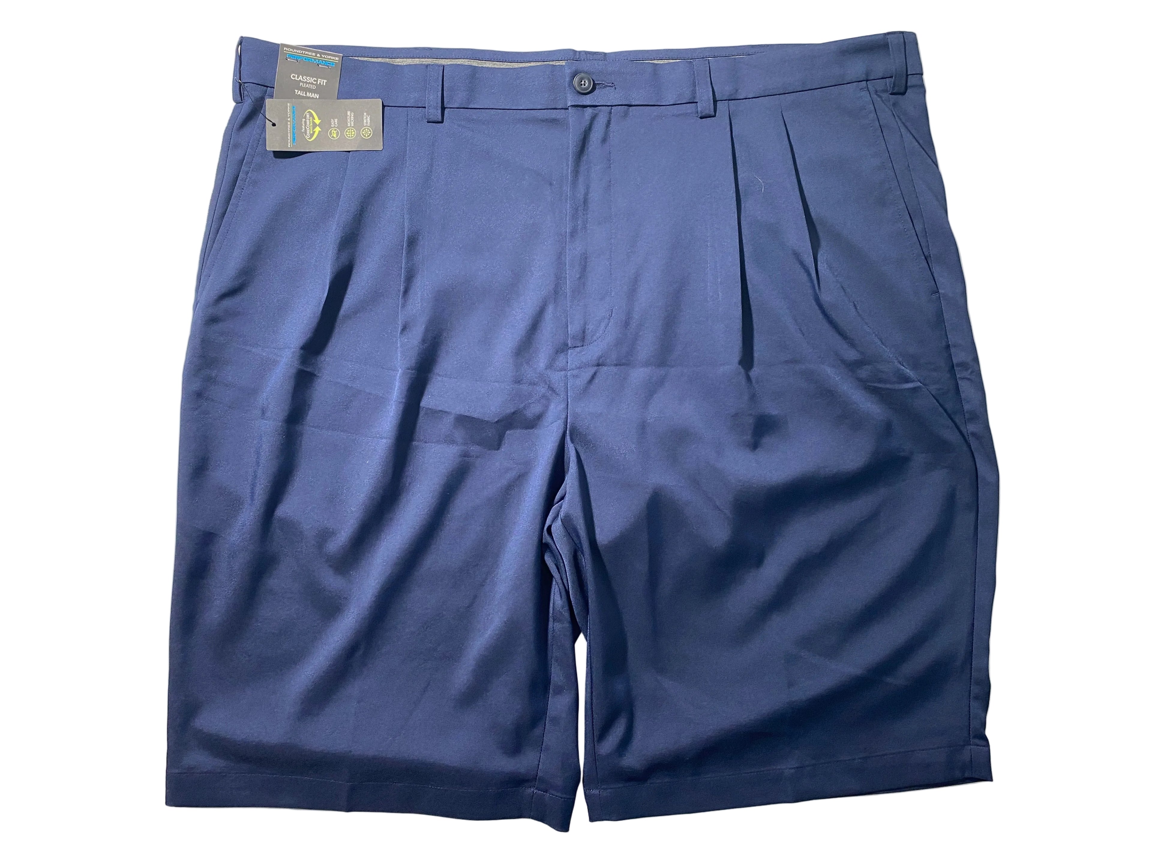 Size 46 Tall Men Roundtree & Yorke Performance Chino Pleated Shorts 11”I Navy