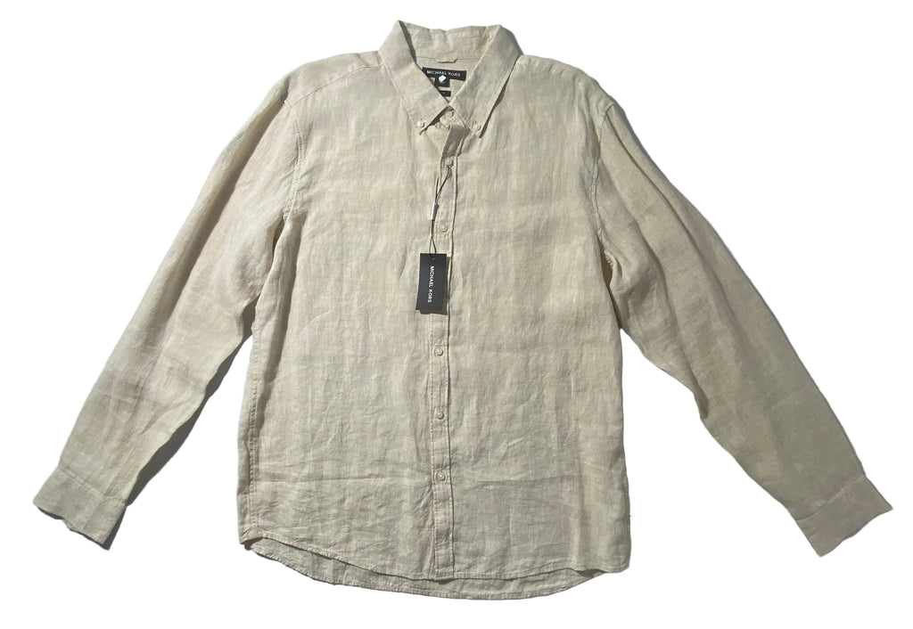 NEW Size XL Mens Michael Kors Long Sleeve Button Front Shirt SlimFit Linen Khaki