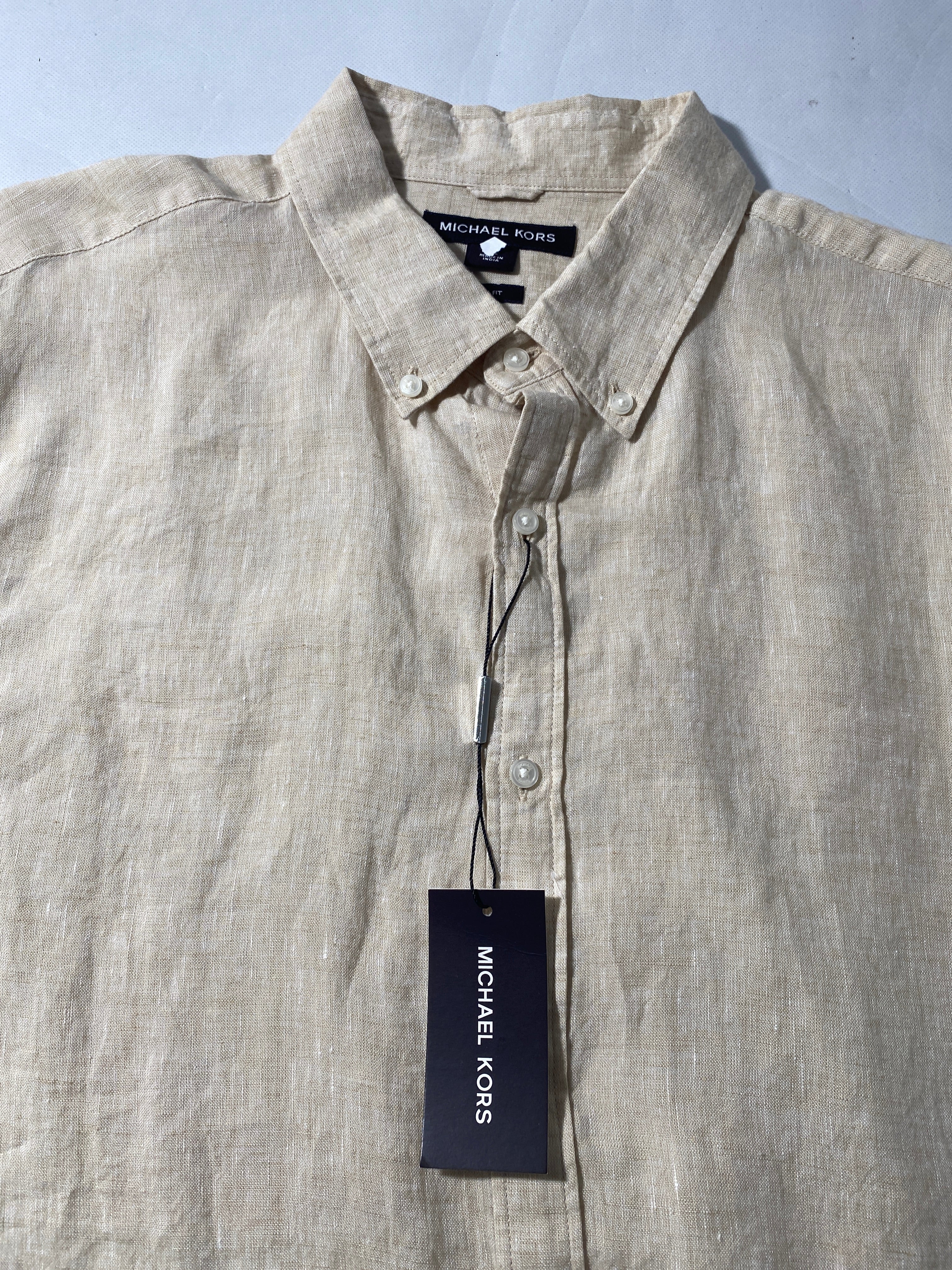 NEW Size XL Mens Michael Kors Long Sleeve Button Front Shirt SlimFit Linen Khaki