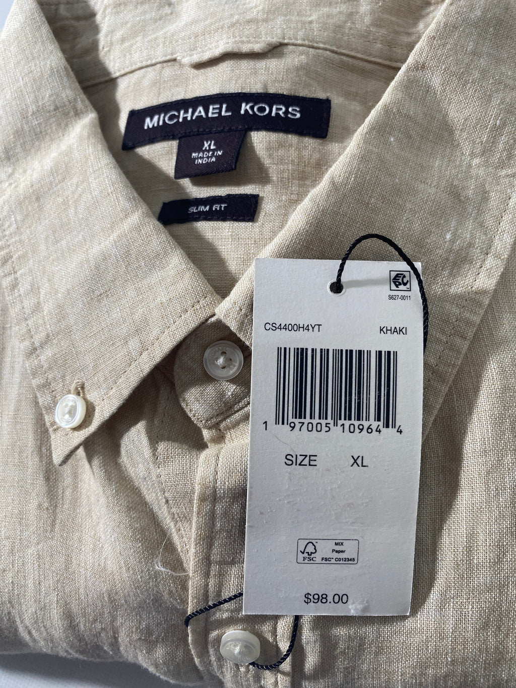 NEW Size XL Mens Michael Kors Long Sleeve Button Front Shirt SlimFit Linen Khaki