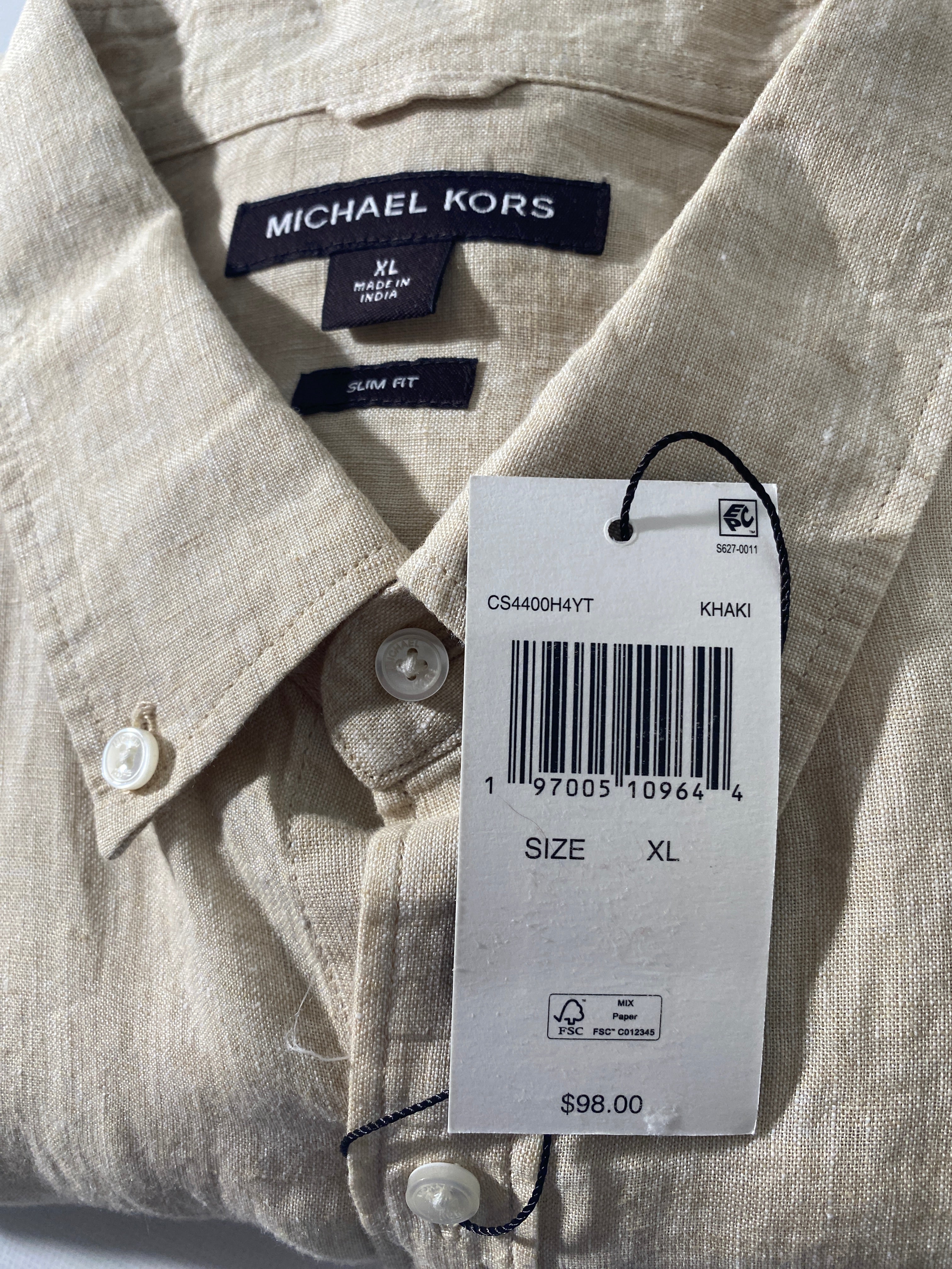 NEW Size XL Mens Michael Kors Long Sleeve Button Front Shirt SlimFit Linen Khaki