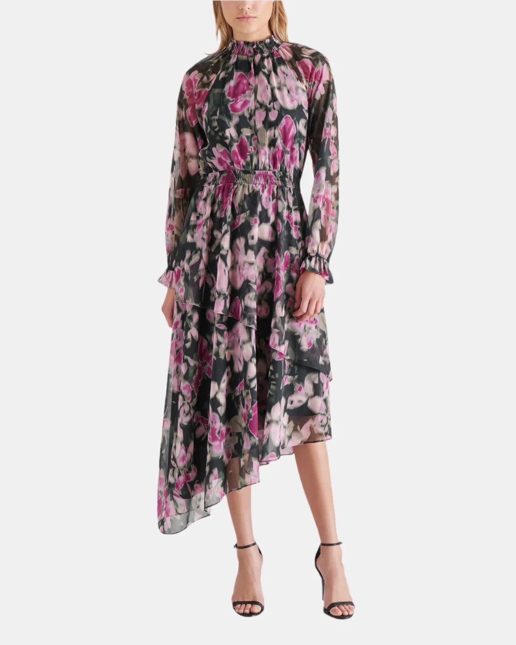 NEW Women Steve Madden Long Sleeve Starla Chiffon Dress Black Multi $129