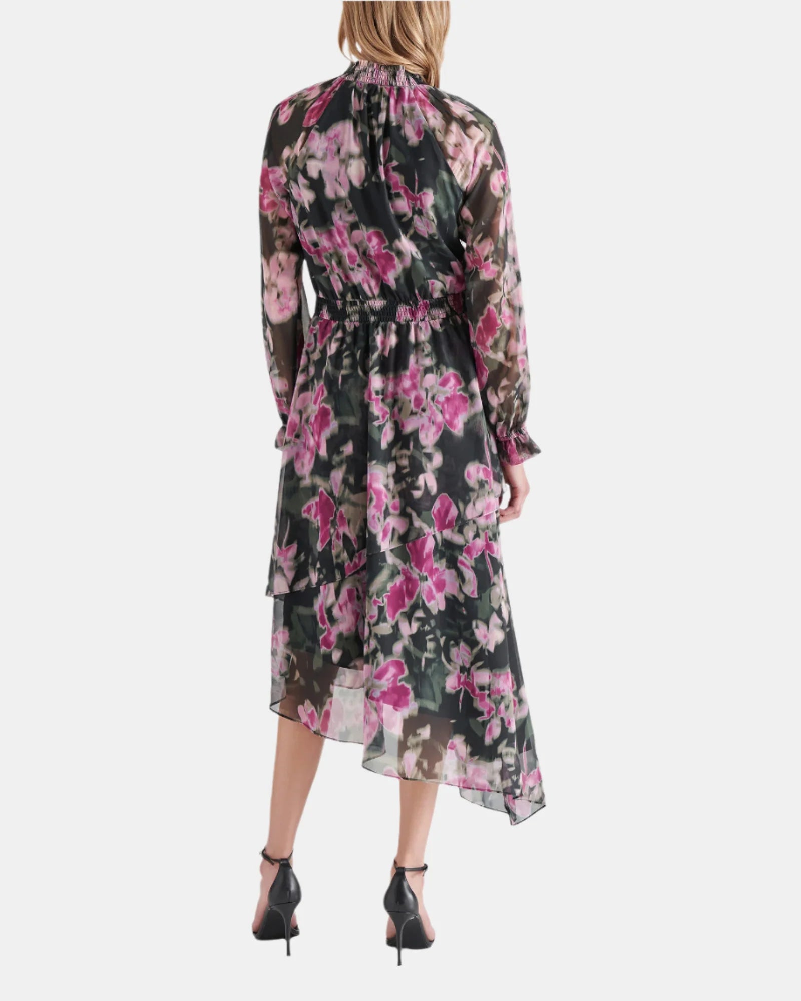 NEW Women Steve Madden Long Sleeve Starla Chiffon Dress Black Multi $129