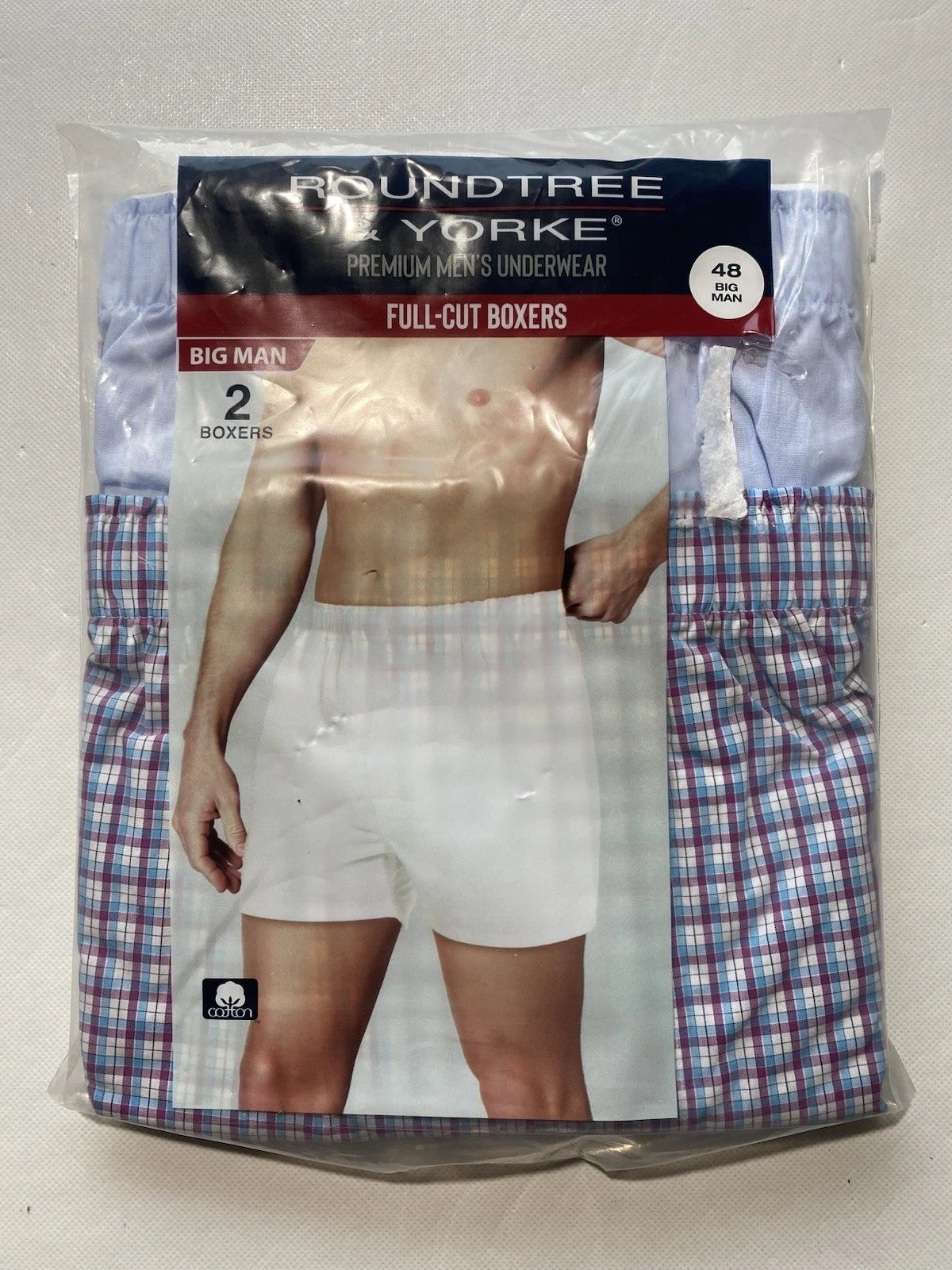 NEW Size 48 Big Mens Roundtree & Yorke Full Cut Inseam Boxers Blue 2-Pack