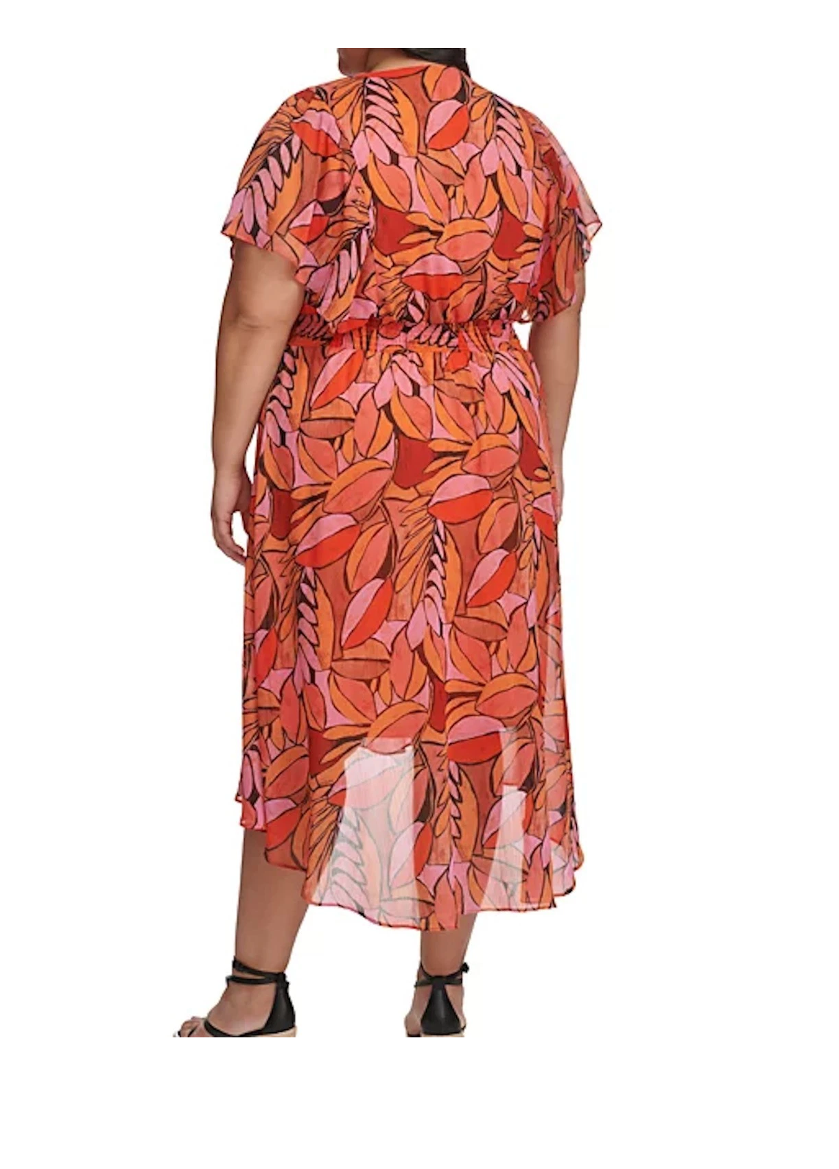 NEW Womens Plus Size DKNY Printed Smocked & Flare Dress Polyester Multi $139