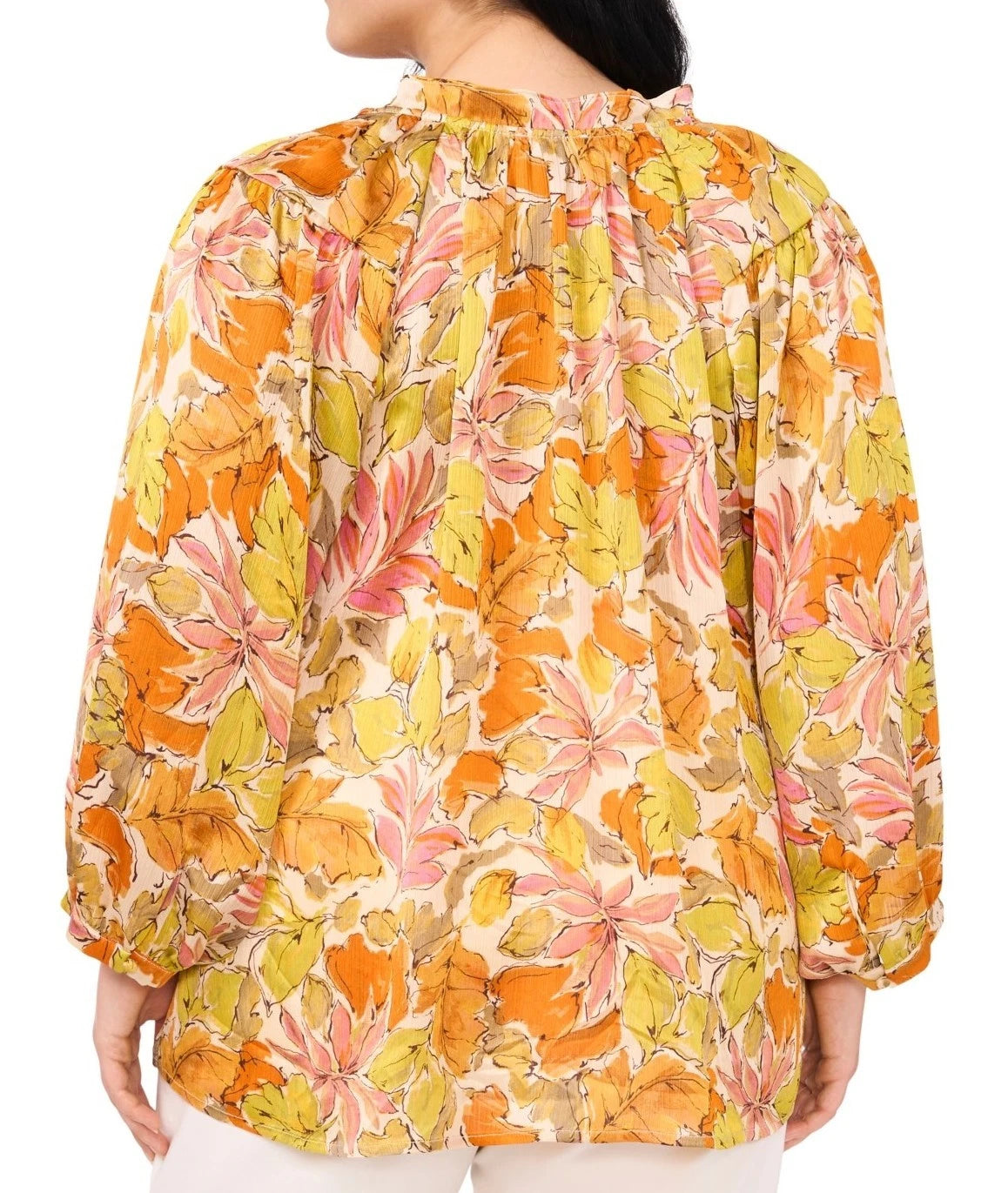 NEW Plus Size 1X Vince Camuto Split Tie Neck 3/4 Sleeve Orange Multi Blouse $89