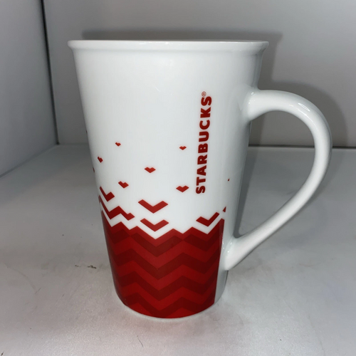 GOOD Starbucks 2013 Red & White Heart Chevron Tall Large Ceramic Coffee MUG 22oz