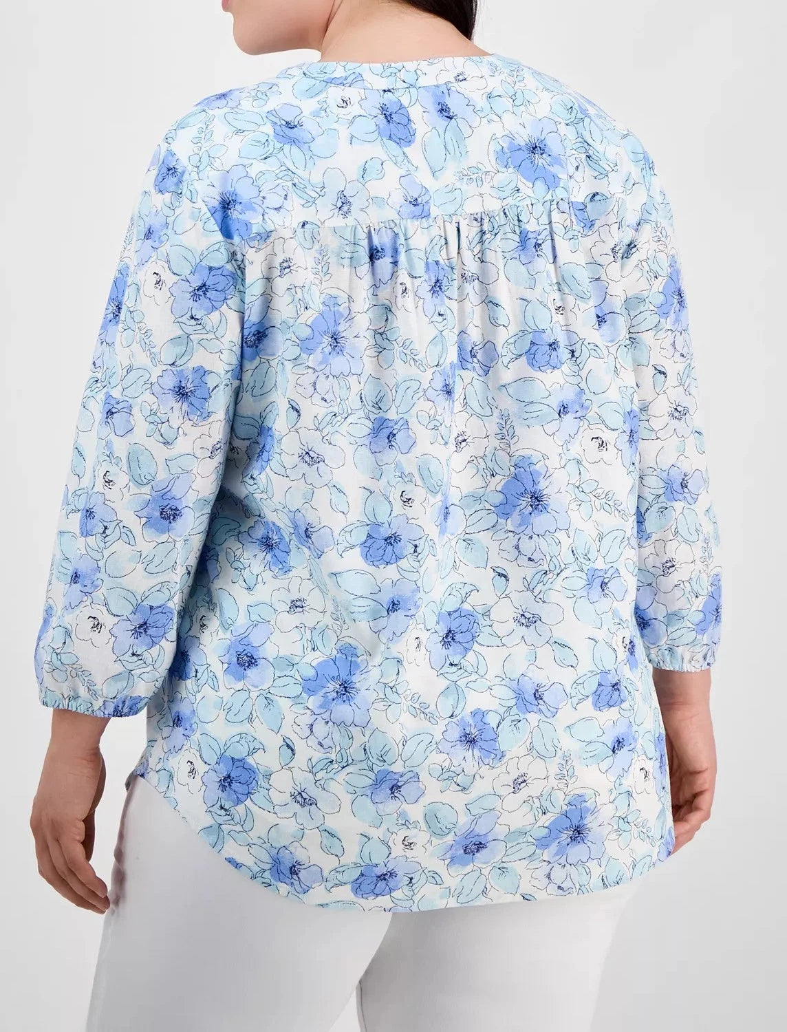 NEW Plus Size 1X Jones New York Floral-Print Linen-Blend White & Blue Tunic $79