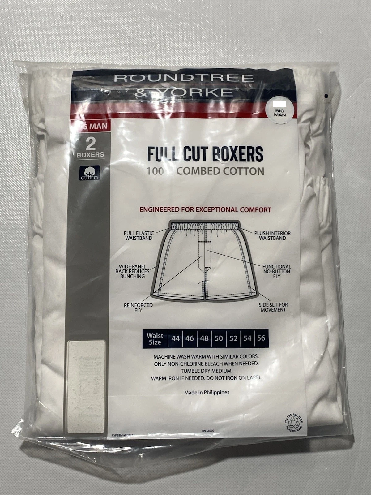 NEW Big Mens Roundtree & Yorke Full Cut Inseam Boxers White 2-Pack