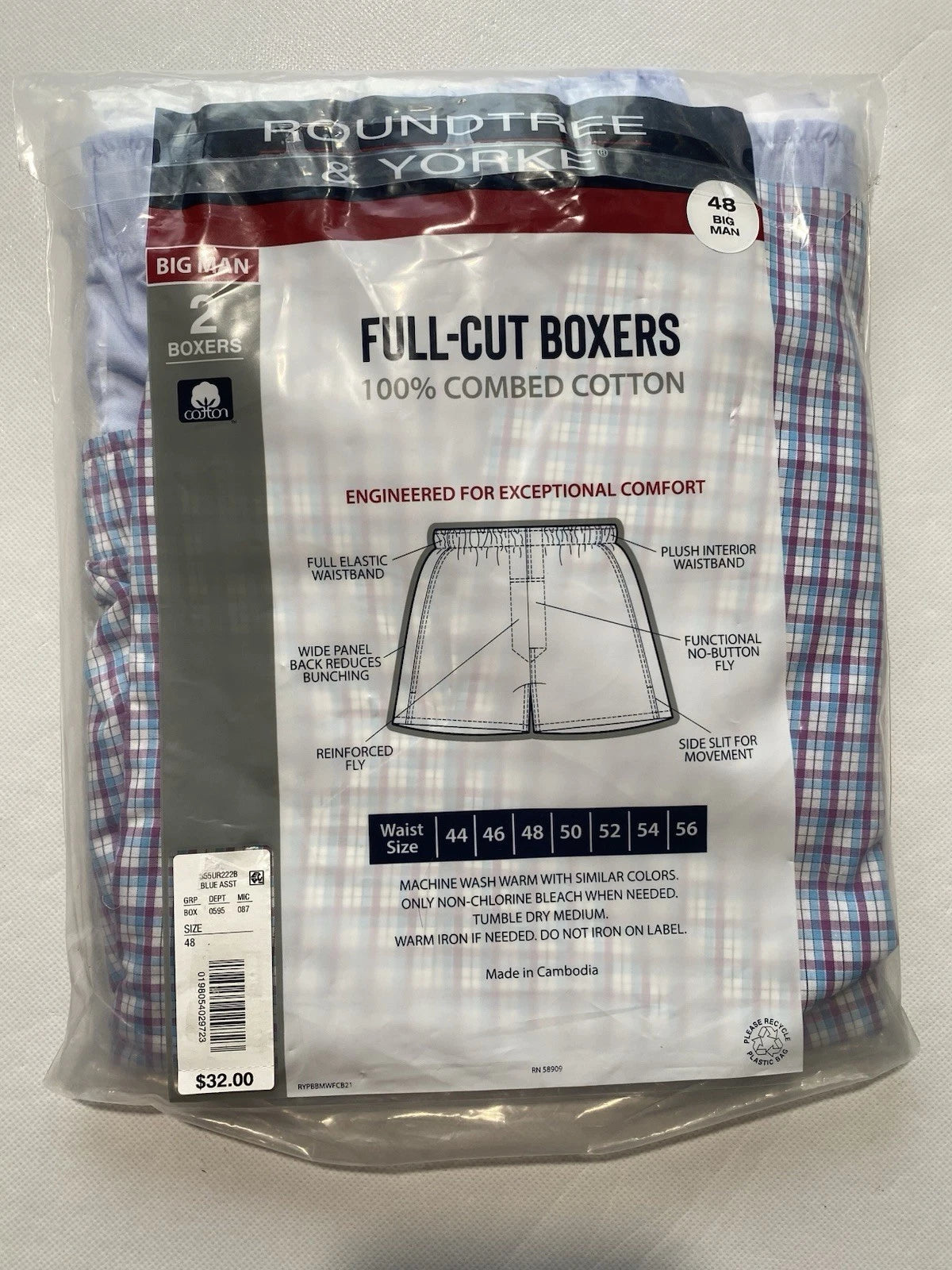 NEW Size 48 Big Mens Roundtree & Yorke Full Cut Inseam Boxers Blue 2-Pack