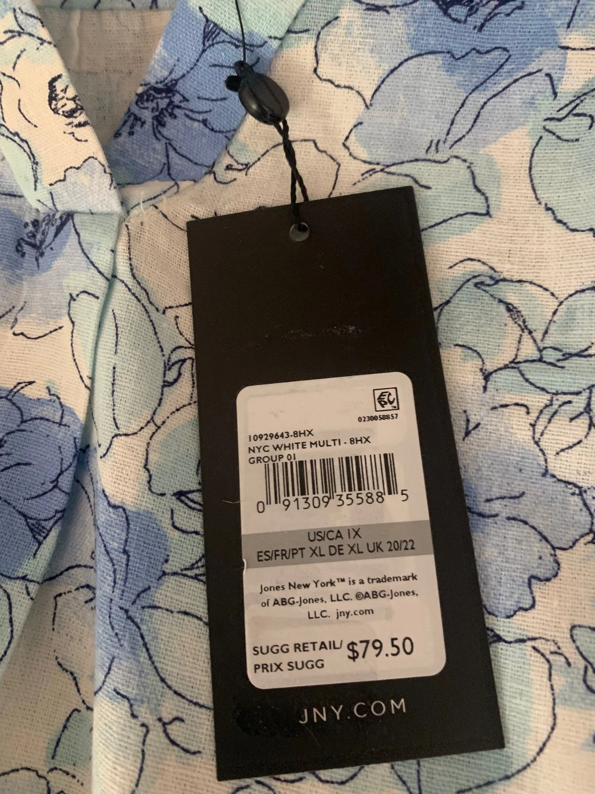 NEW Plus Size 1X Jones New York Floral-Print Linen-Blend White & Blue Tunic $79