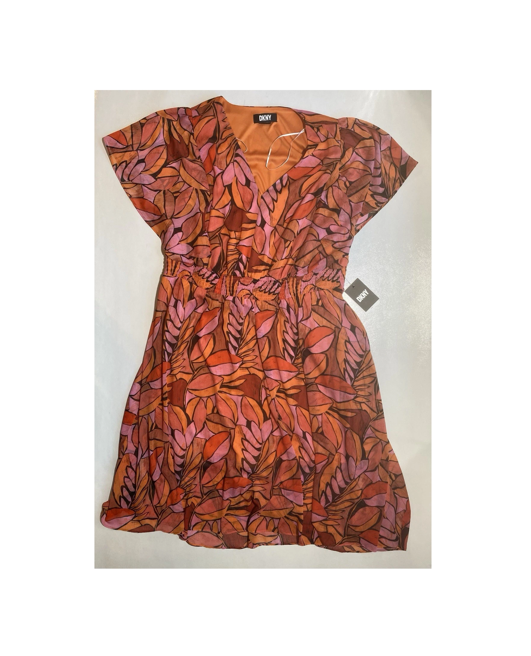 NEW Womens Plus Size DKNY Printed Smocked & Flare Dress Polyester Multi $139