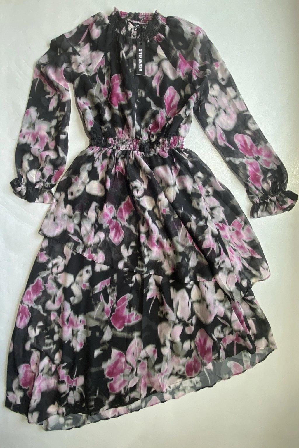 NEW Women Steve Madden Long Sleeve Starla Chiffon Dress Black Multi $129