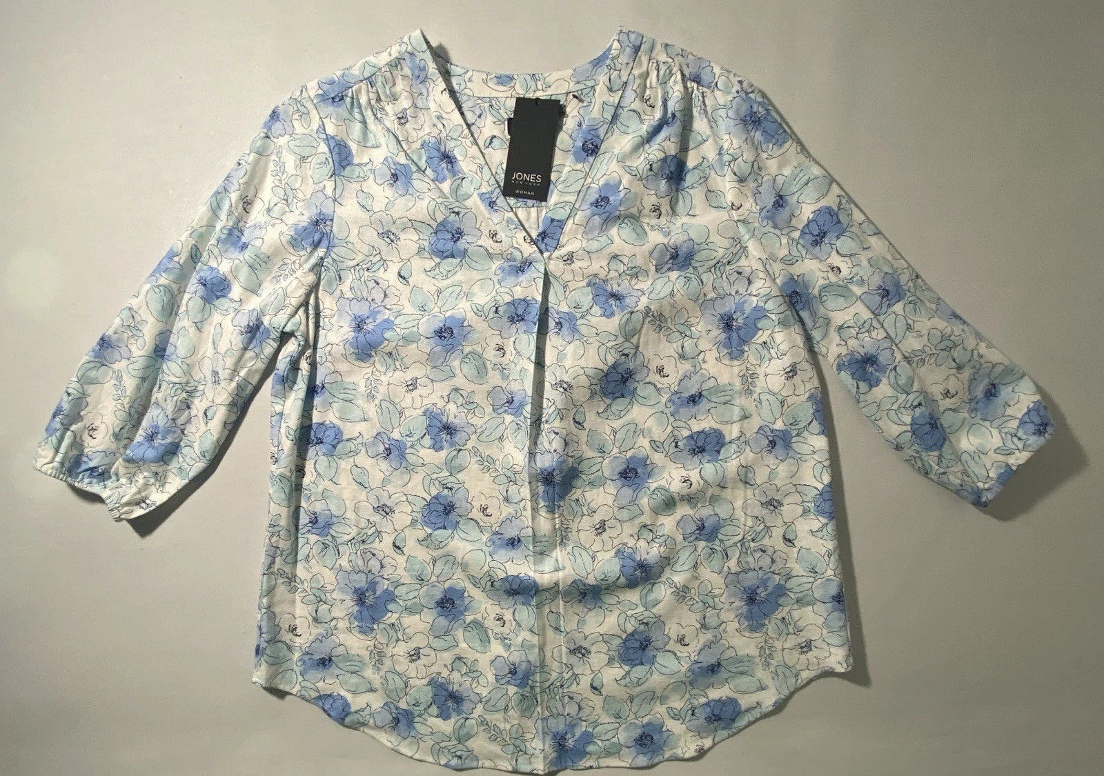 NEW Plus Size 1X Jones New York Floral-Print Linen-Blend White & Blue Tunic $79