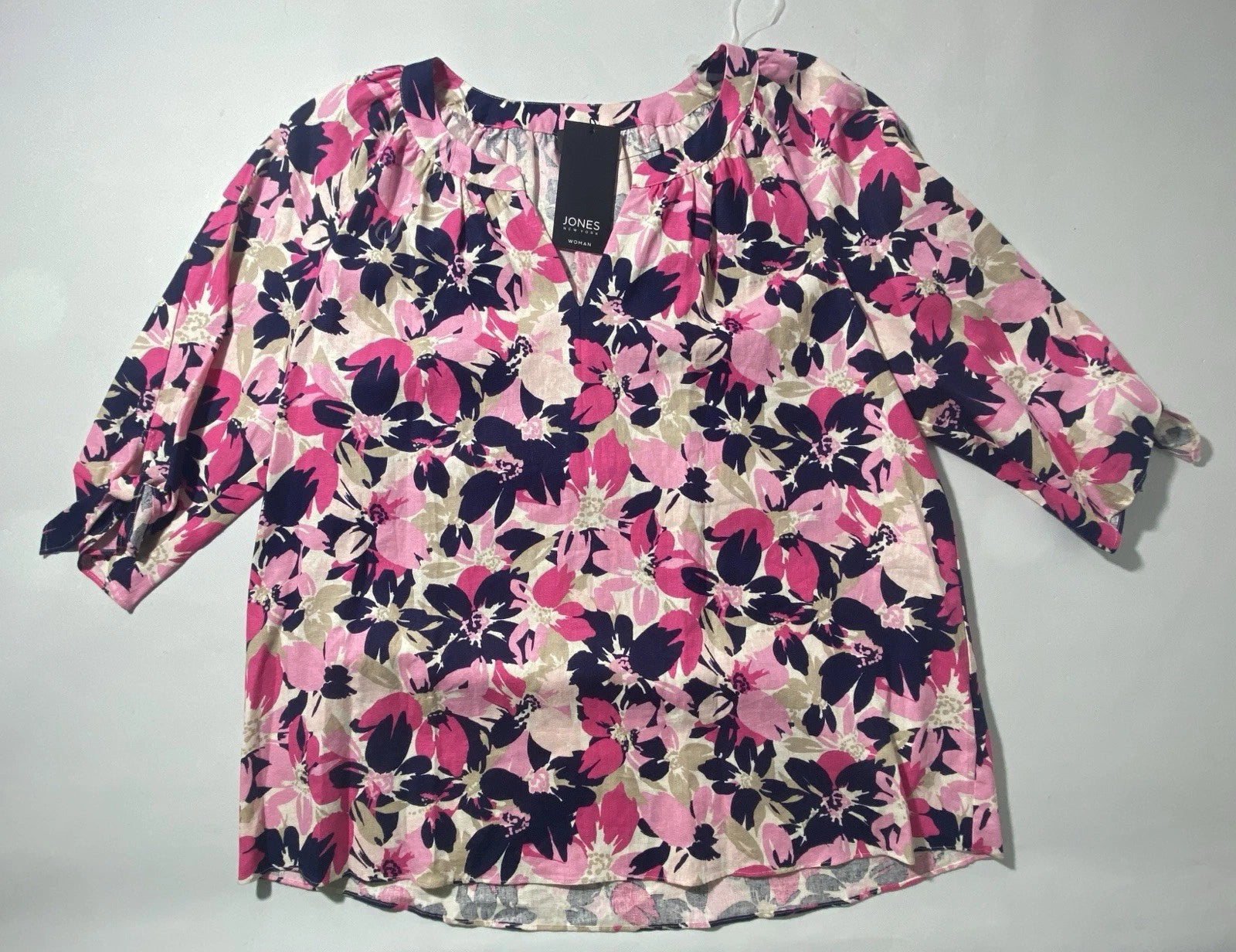 NEW Plus Size 1X Jones New York Floral-Print Linen-Blend 3/4 Sleeve Blouse $79