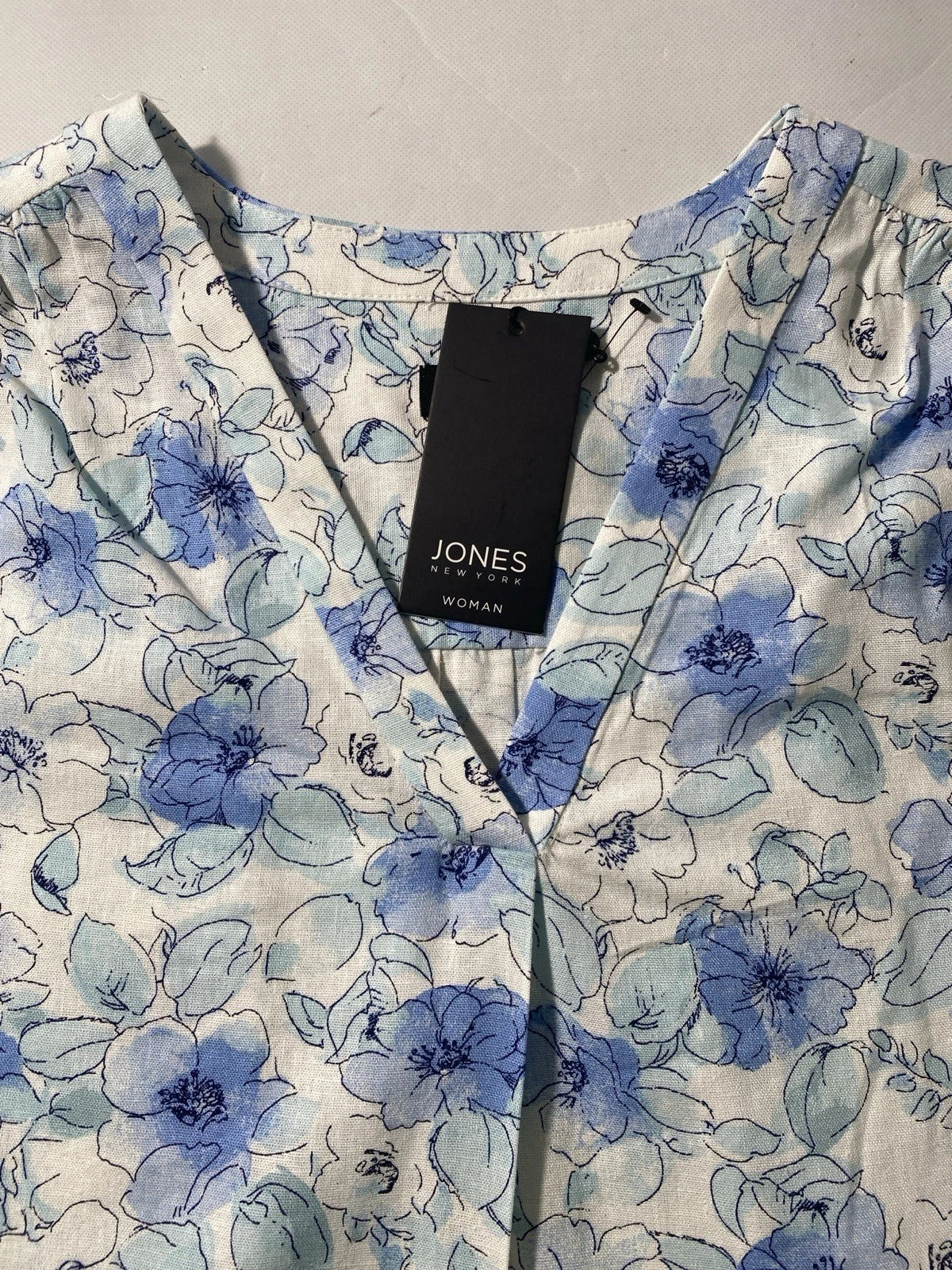 NEW Plus Size 1X Jones New York Floral-Print Linen-Blend White & Blue Tunic $79