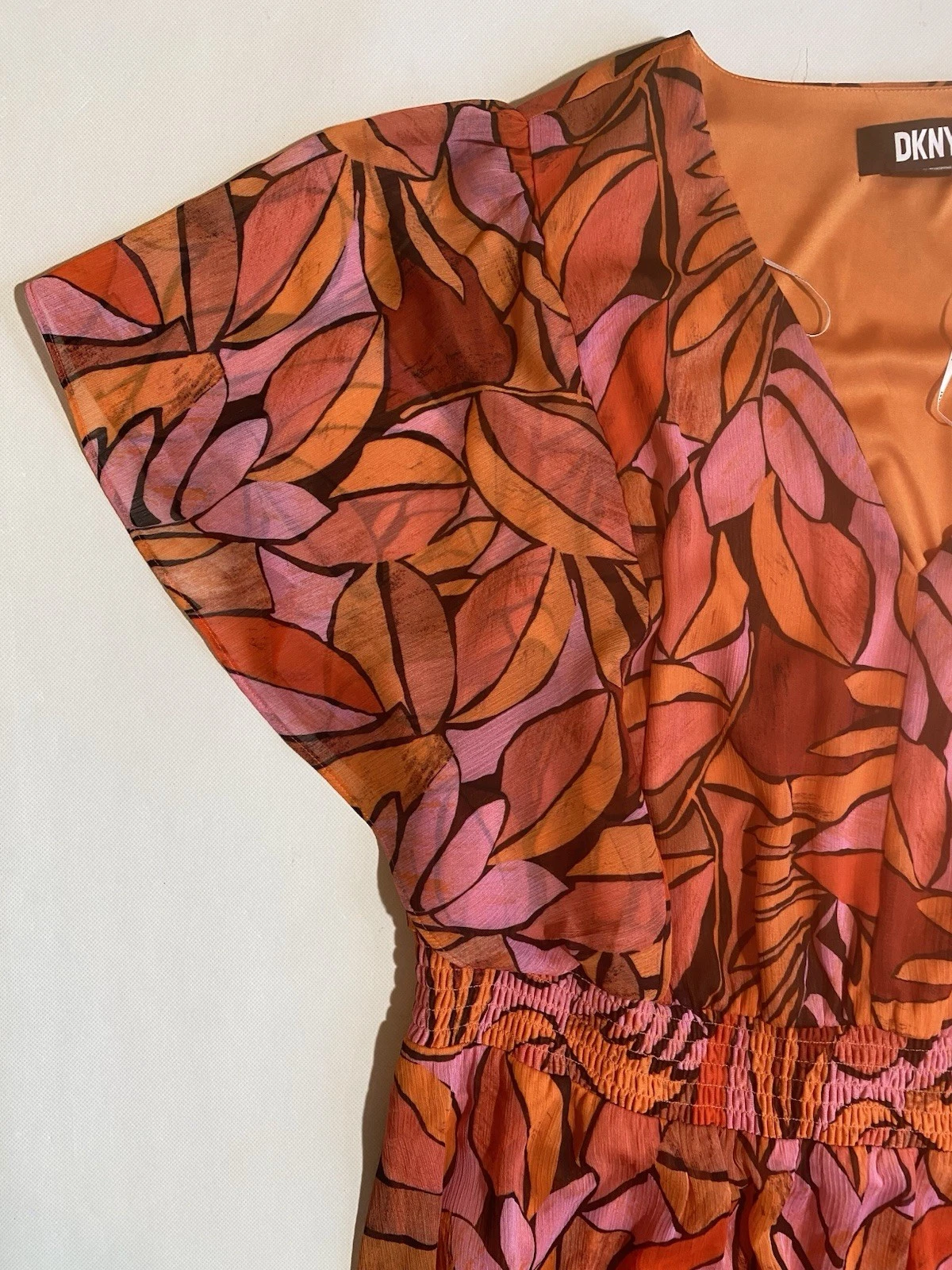 NEW Womens Plus Size DKNY Printed Smocked & Flare Dress Polyester Multi $139