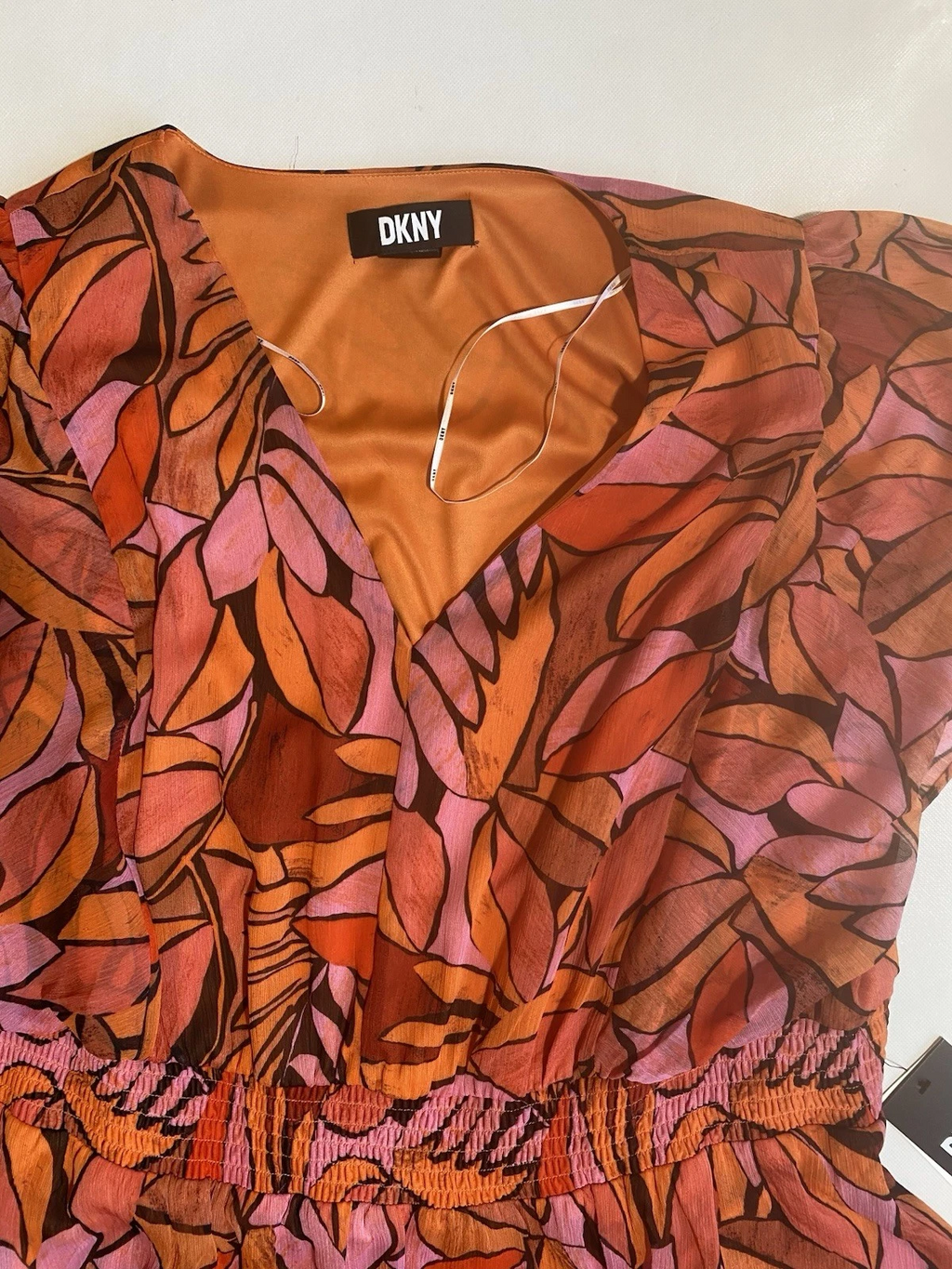 NEW Womens Plus Size DKNY Printed Smocked & Flare Dress Polyester Multi $139