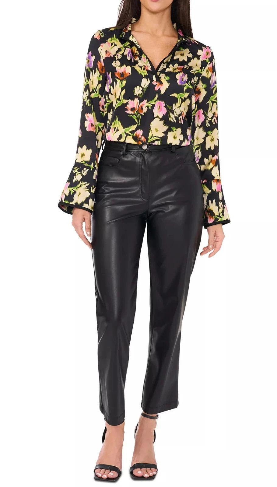NEW Women's Size L Vince Camuto Paradise Chic Black Floral-Print Blouse $89