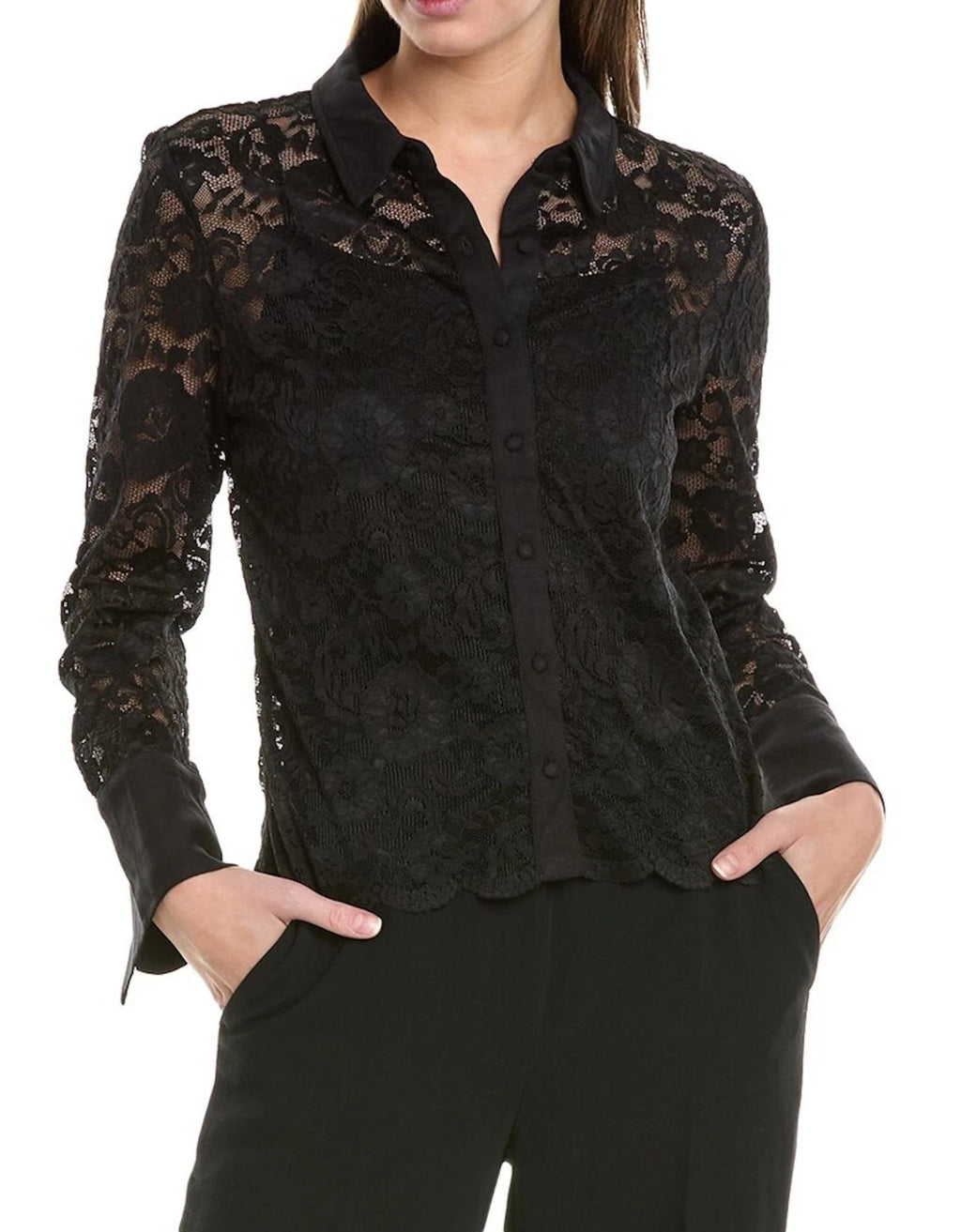 NEW Plus Size 1X Vince Camuto Black Floral Lace Button Front Black Blouse $109