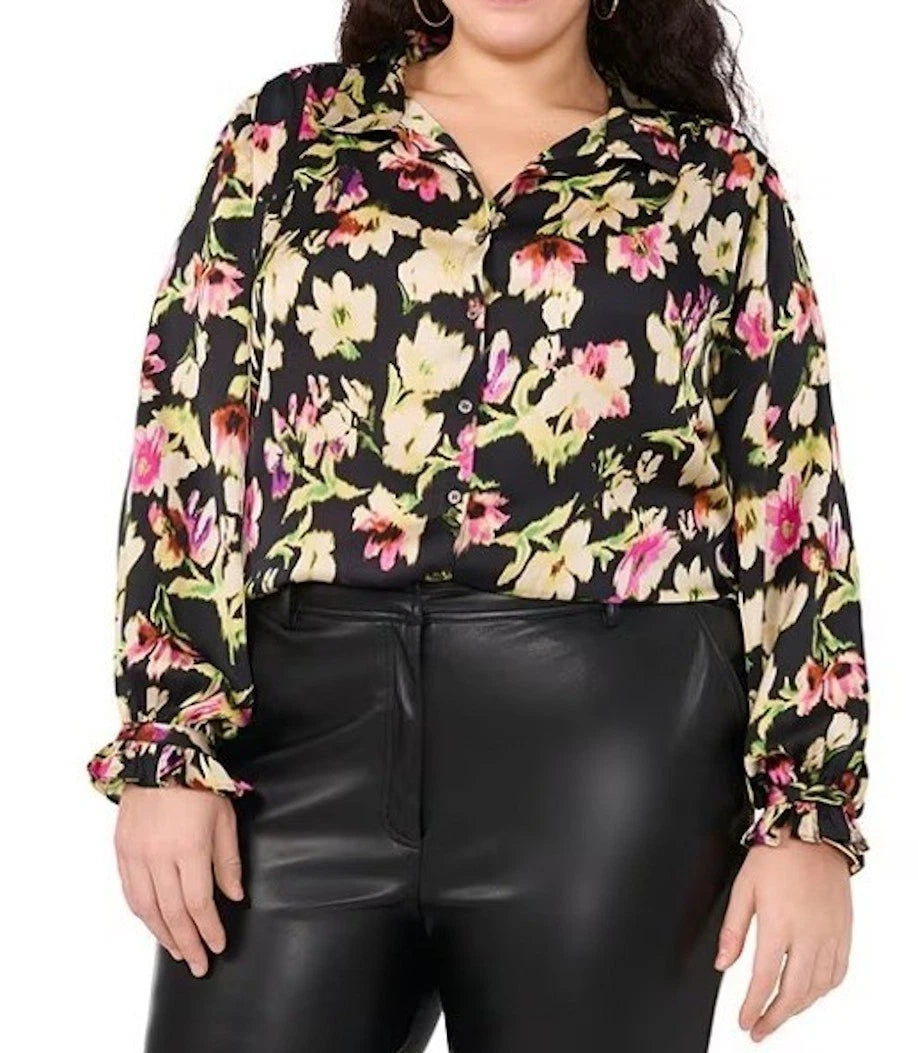 NEW Plus Size 1X Vince Camuto Paradise Chic Black Floral Button Front Blouse $99