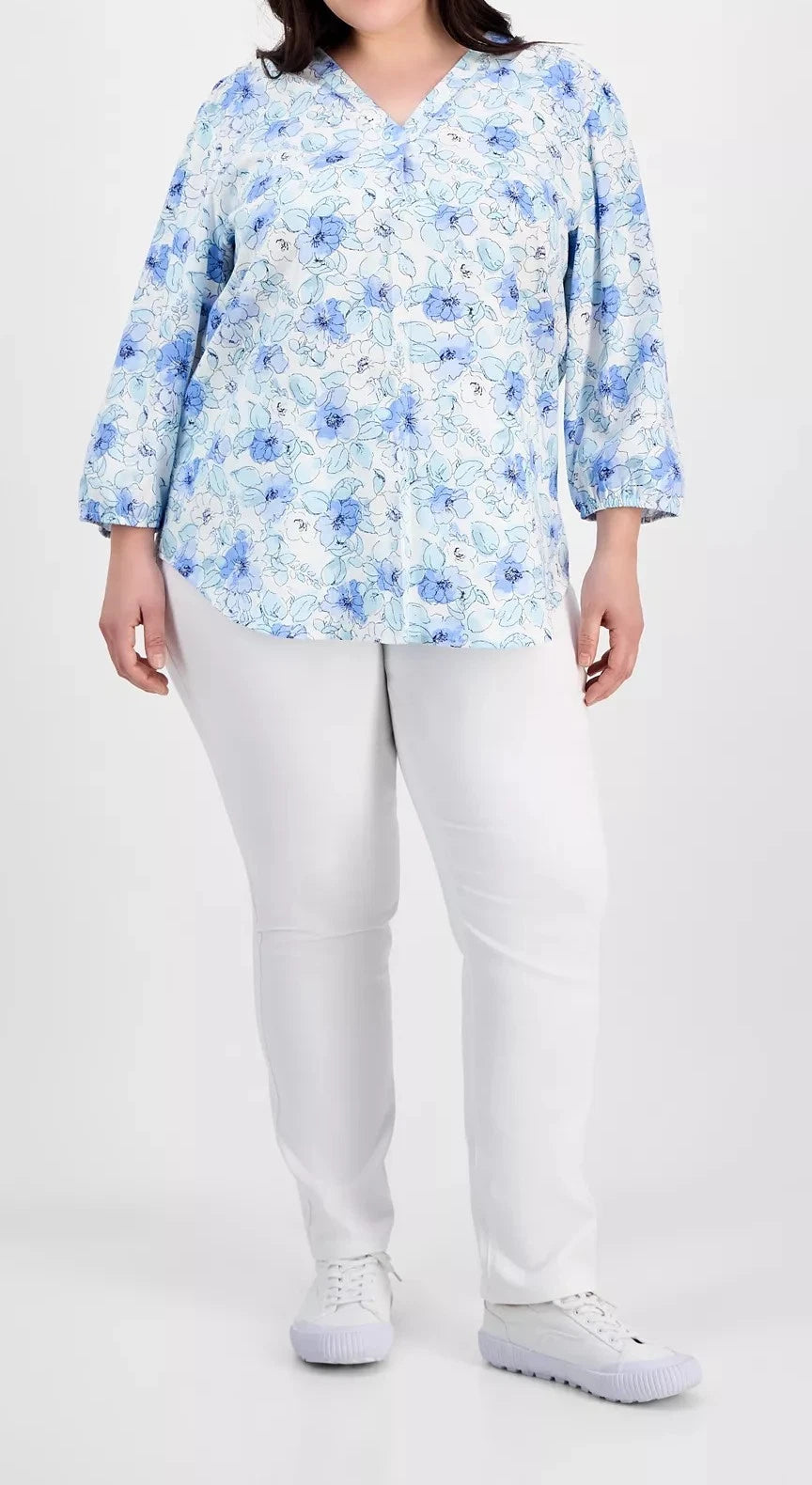NEW Plus Size 1X Jones New York Floral-Print Linen-Blend White & Blue Tunic $79