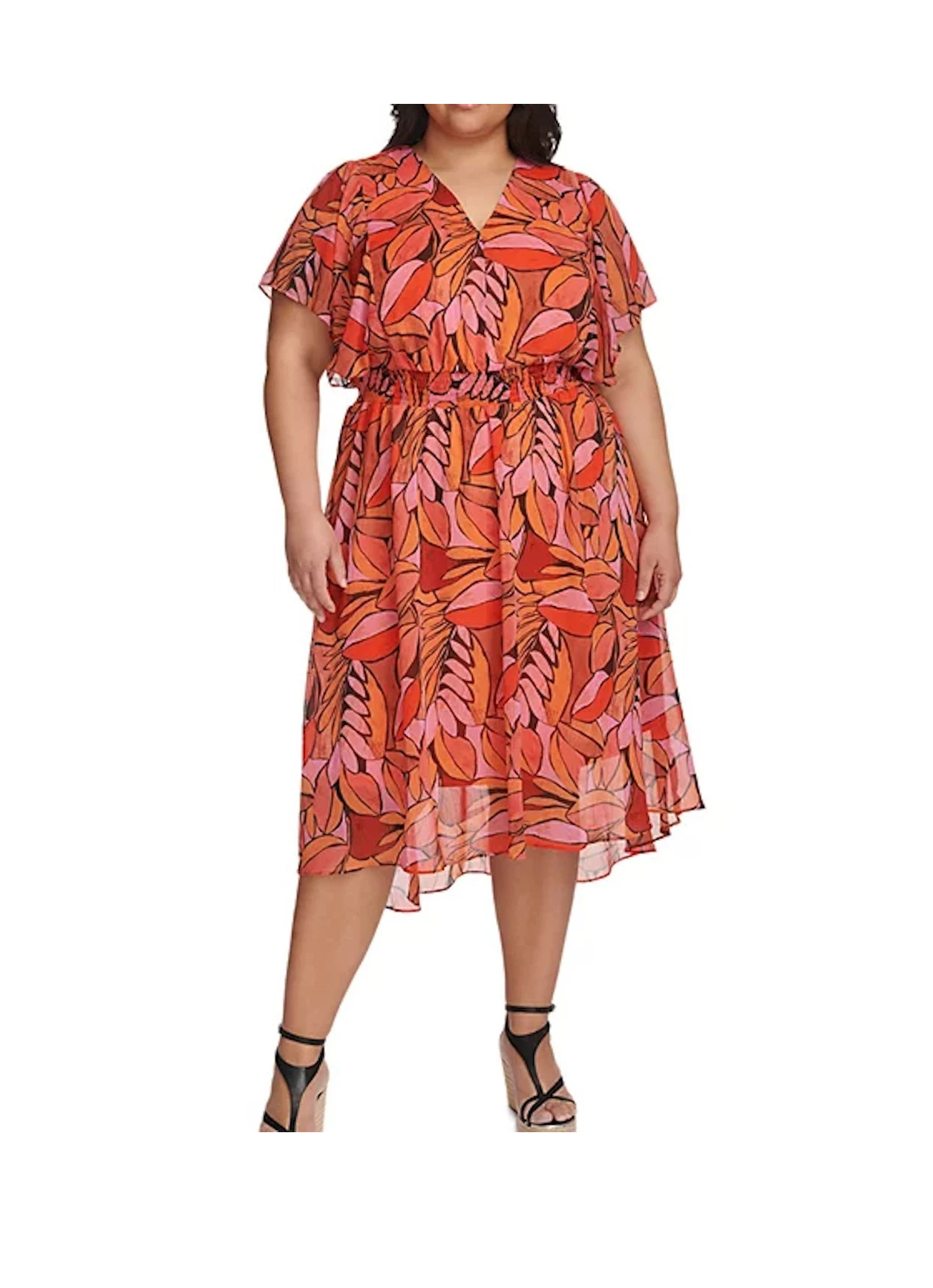 NEW Womens Plus Size DKNY Printed Smocked & Flare Dress Polyester Multi $139