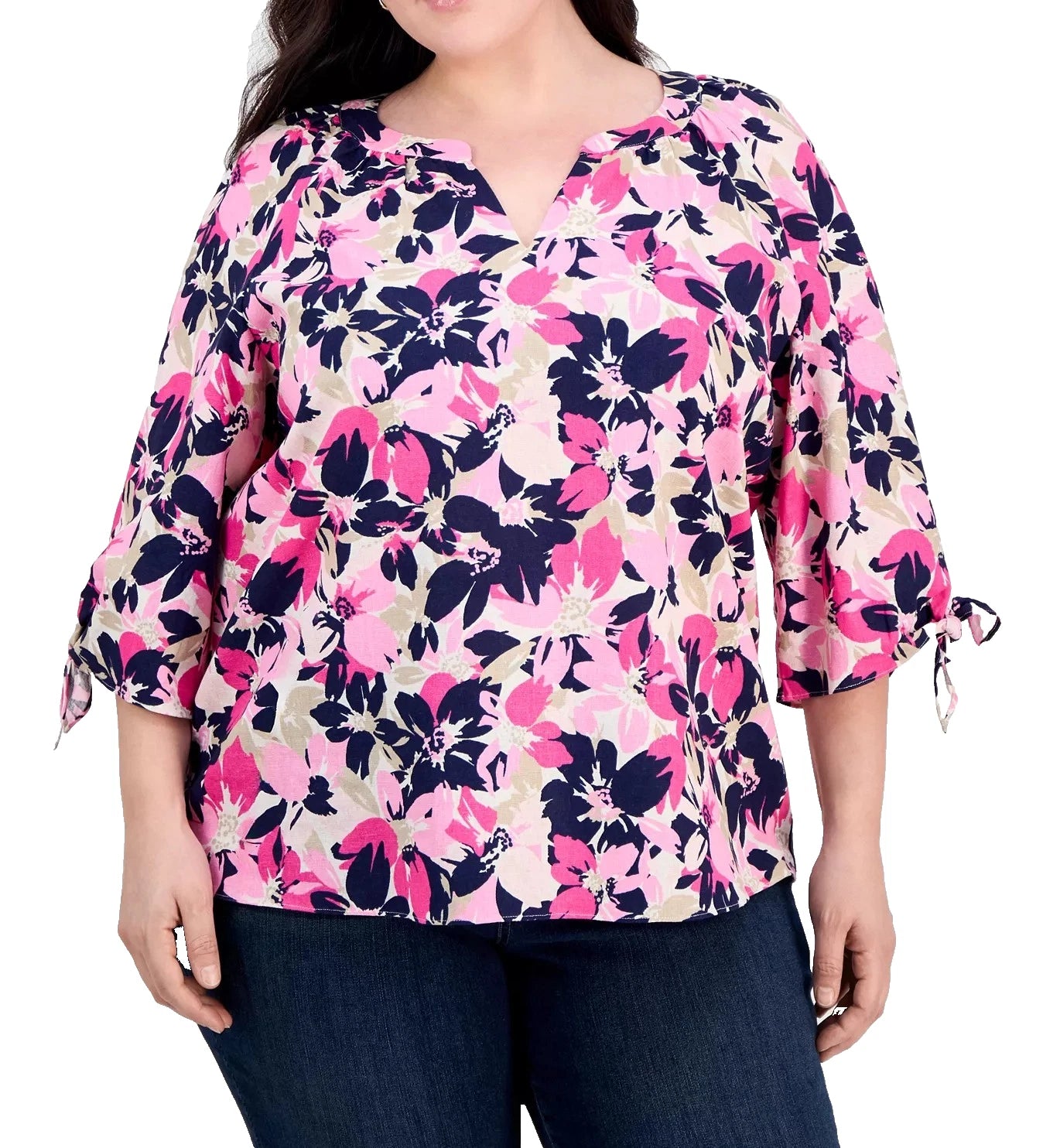 NEW Plus Size 1X Jones New York Floral-Print Linen-Blend 3/4 Sleeve Blouse $79